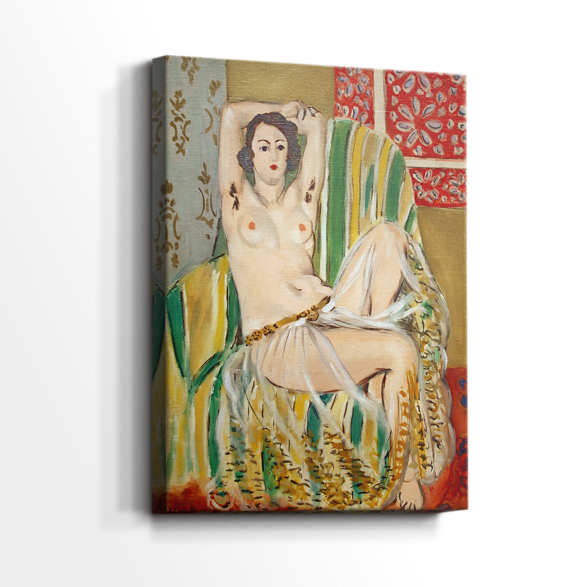 Side view of a canvas art print of a decorative composition with a relaxed pose and strong color, showing gallery-wrapped depth.