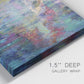 Close-up view of wrapped canvas corner featuring abstract evening landscape with depth.