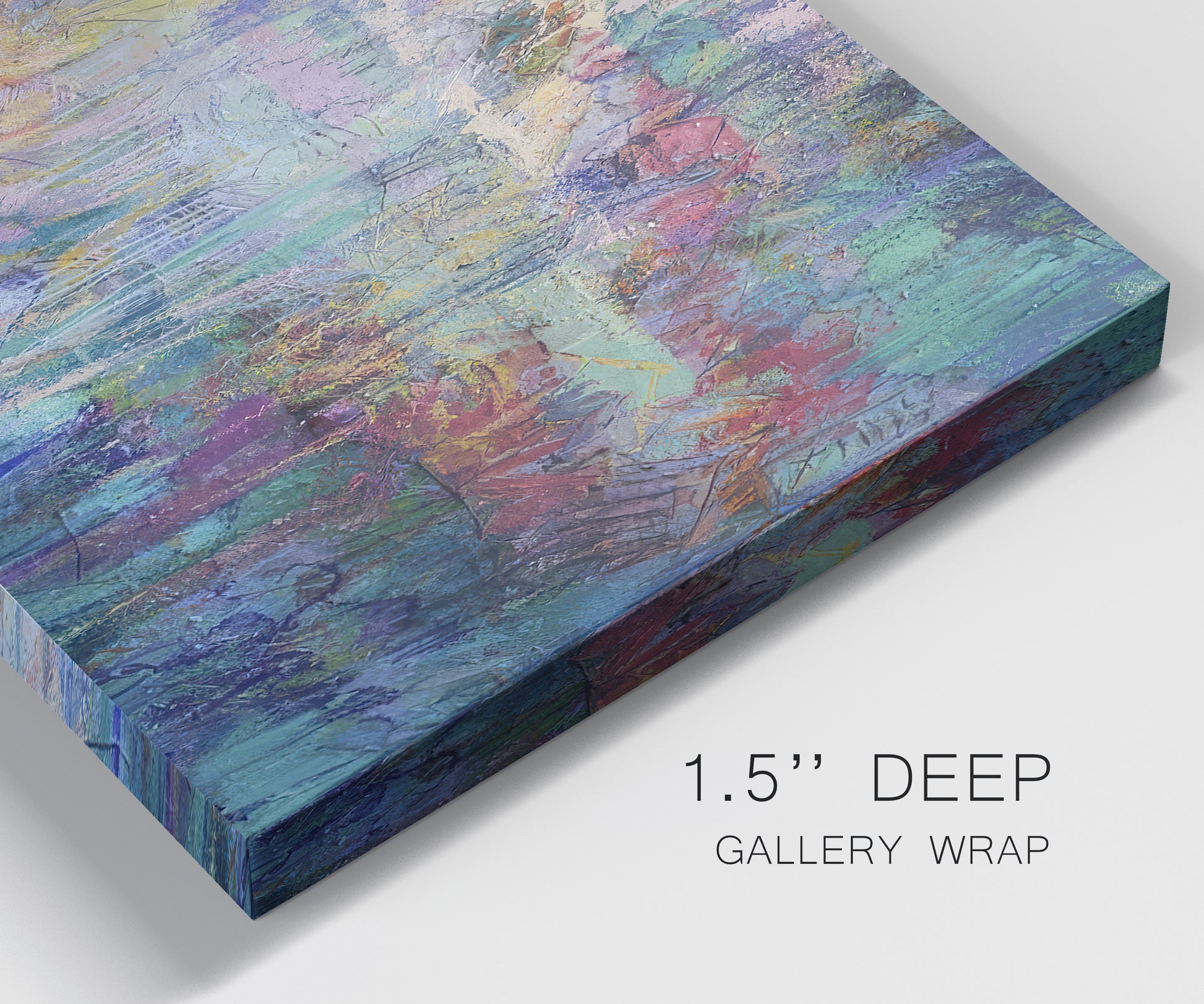 Close-up view of wrapped canvas corner featuring abstract evening landscape with depth.