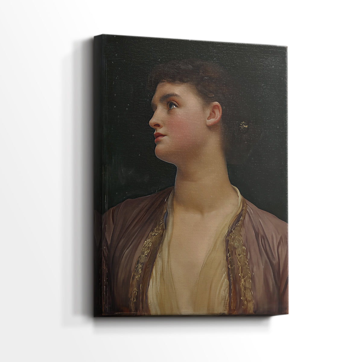 Side view of a canvas art print of a gentle portrait with minimal background and calm mood, showing gallery-wrapped depth.