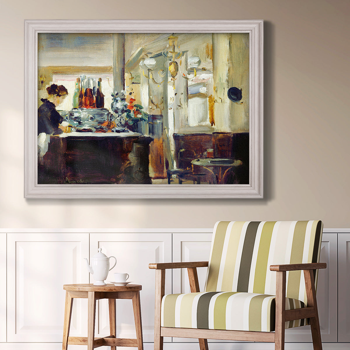 Impressionist café still life scene by Édouard Manet in an ornate weathered white frame displayed in a light-toned interior setting.