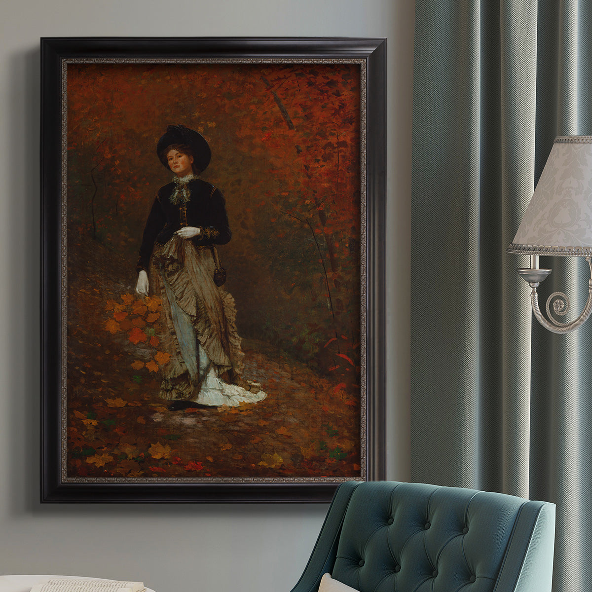 Realist autumn portrait scene by Winslow Homer in an {frame_style_descriptor} displayed in a neutral interior setting.