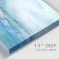 Close-up view of wrapped canvas corner featuring sunset silhouette over coastal water.