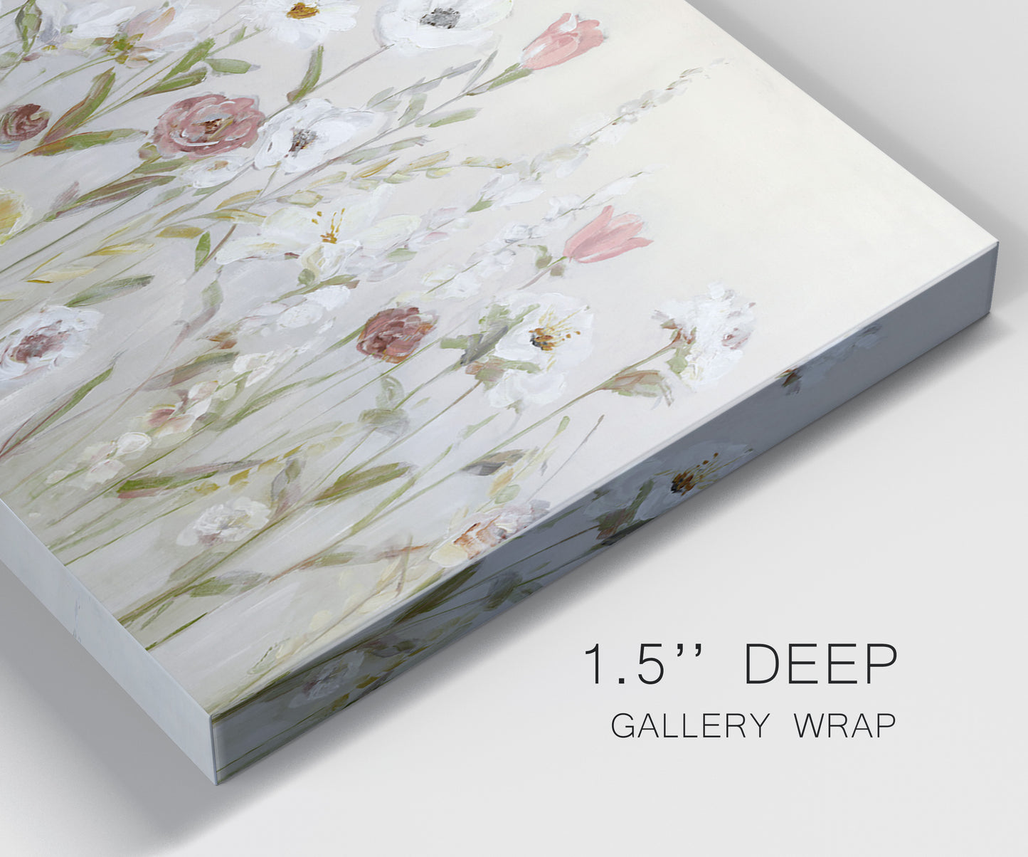 Close-up view of wrapped canvas corner featuring loose farmhouse style floral painting.