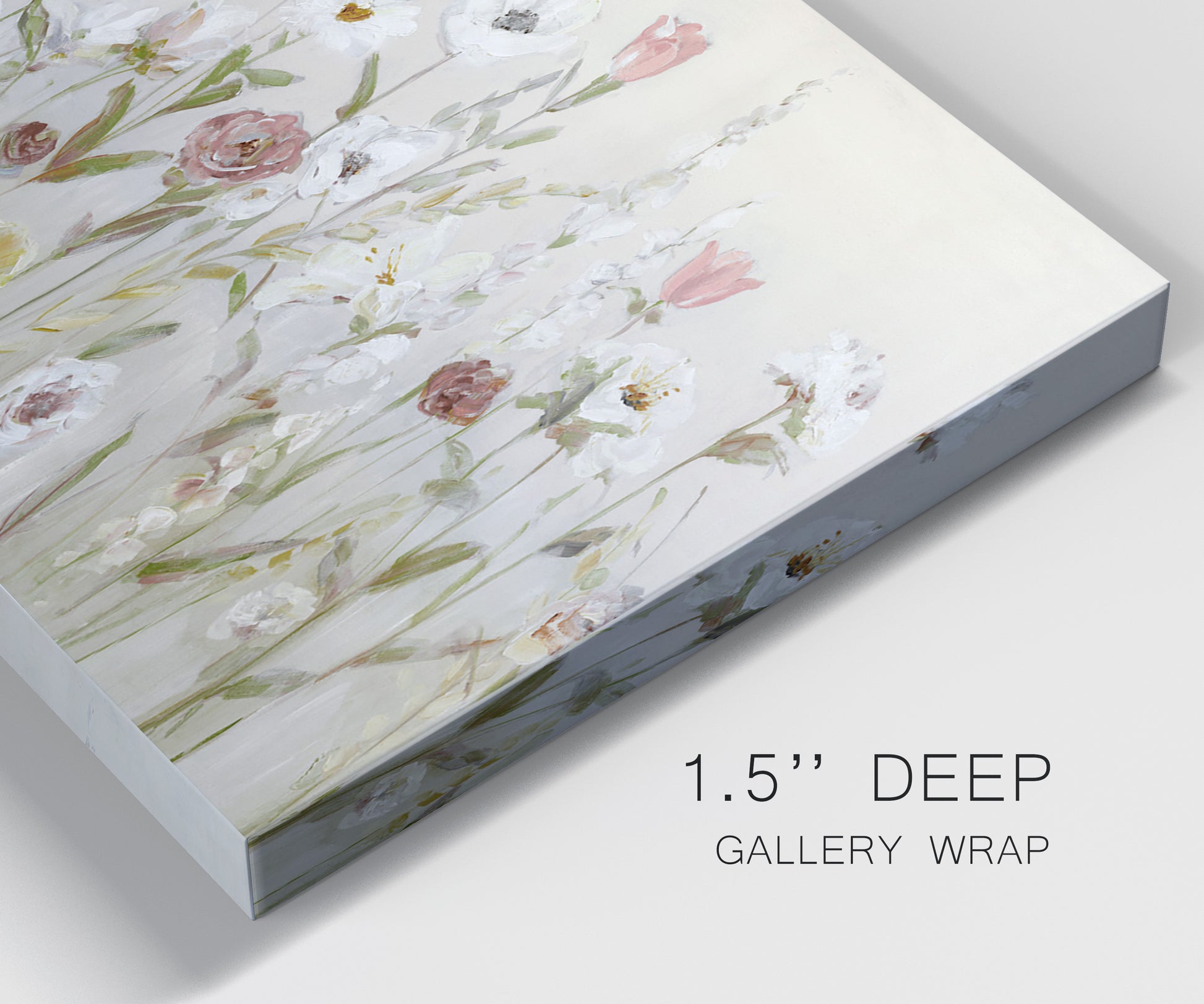 Close-up view of wrapped canvas corner featuring loose farmhouse style floral painting.