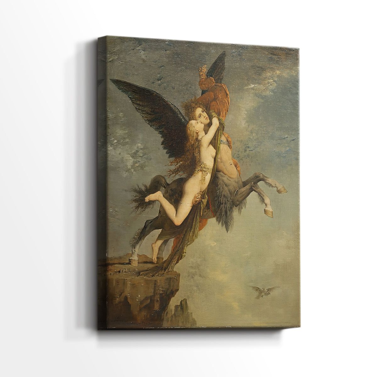 Side view of a canvas art print of a mythological scene with detailed forms and shadow, showing gallery-wrapped depth.