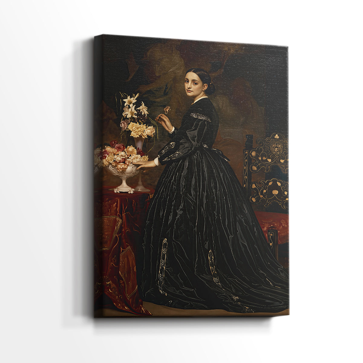 Side view of a canvas art print of a formal portrait with smooth shading and calm expression, showing gallery-wrapped depth.