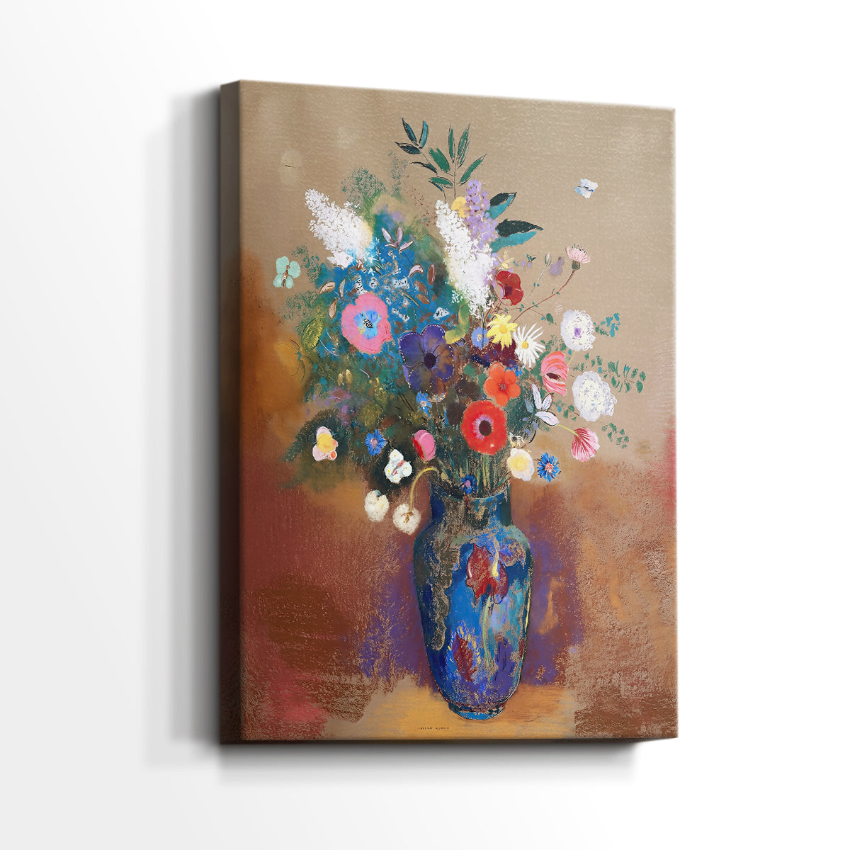Side view of a canvas art print of a gentle arrangement with layered blooms and texture, showing gallery-wrapped depth.