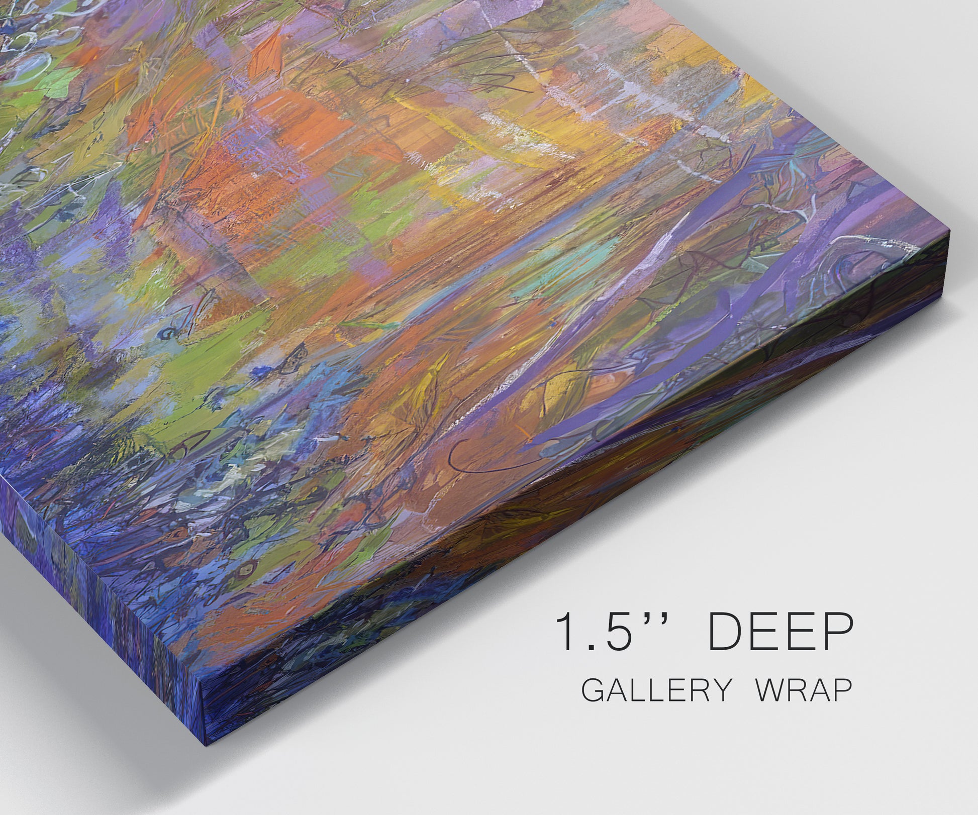 Close-up view of wrapped canvas corner featuring abstract rainfall with butterfly forms.