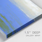 Close-up view of wrapped canvas corner featuring abstract coastal inlet landscape.