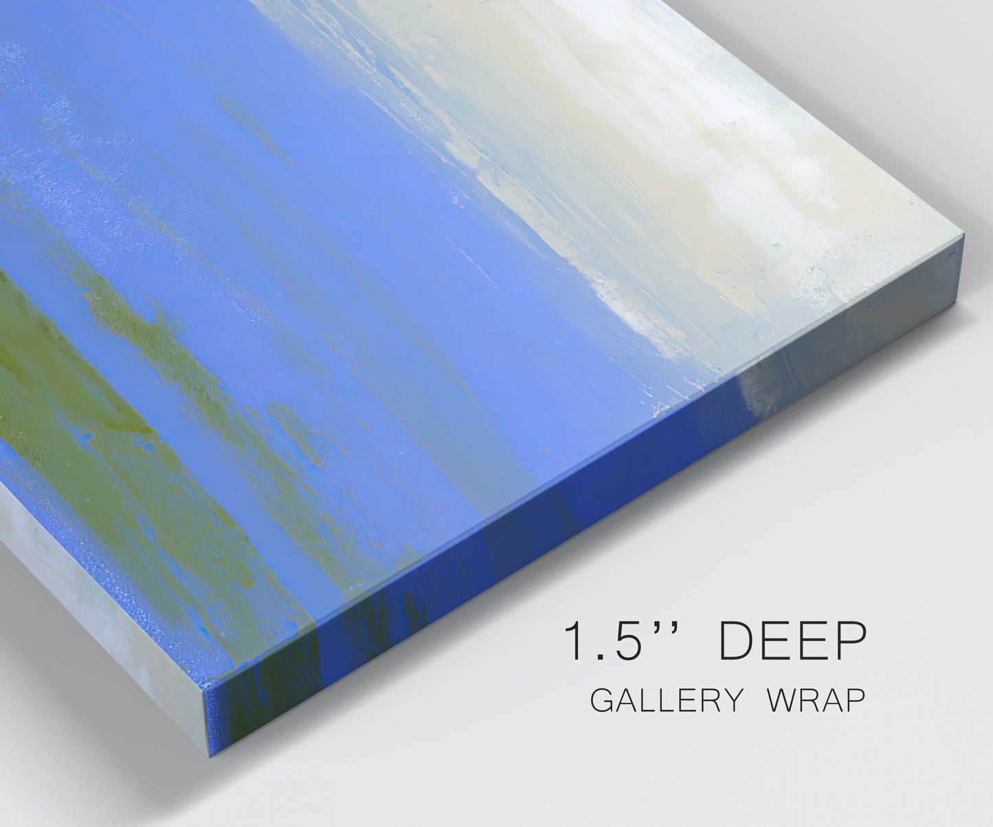 Close-up view of wrapped canvas corner featuring abstract coastal inlet landscape.