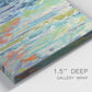 Close-up view of wrapped canvas corner featuring abstract rainfall with butterfly forms.
