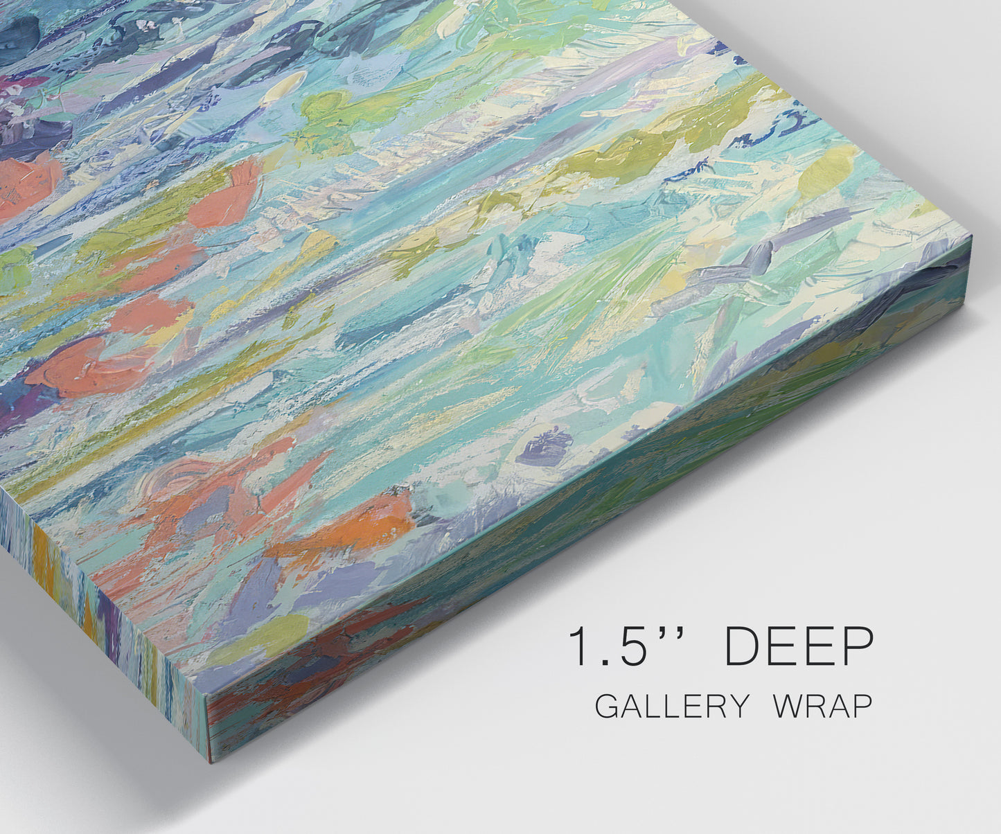Close-up view of wrapped canvas corner featuring abstract rainfall with butterfly forms.