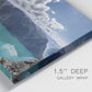 Close-up view of wrapped canvas corner featuring tropical water reflections with foliage.