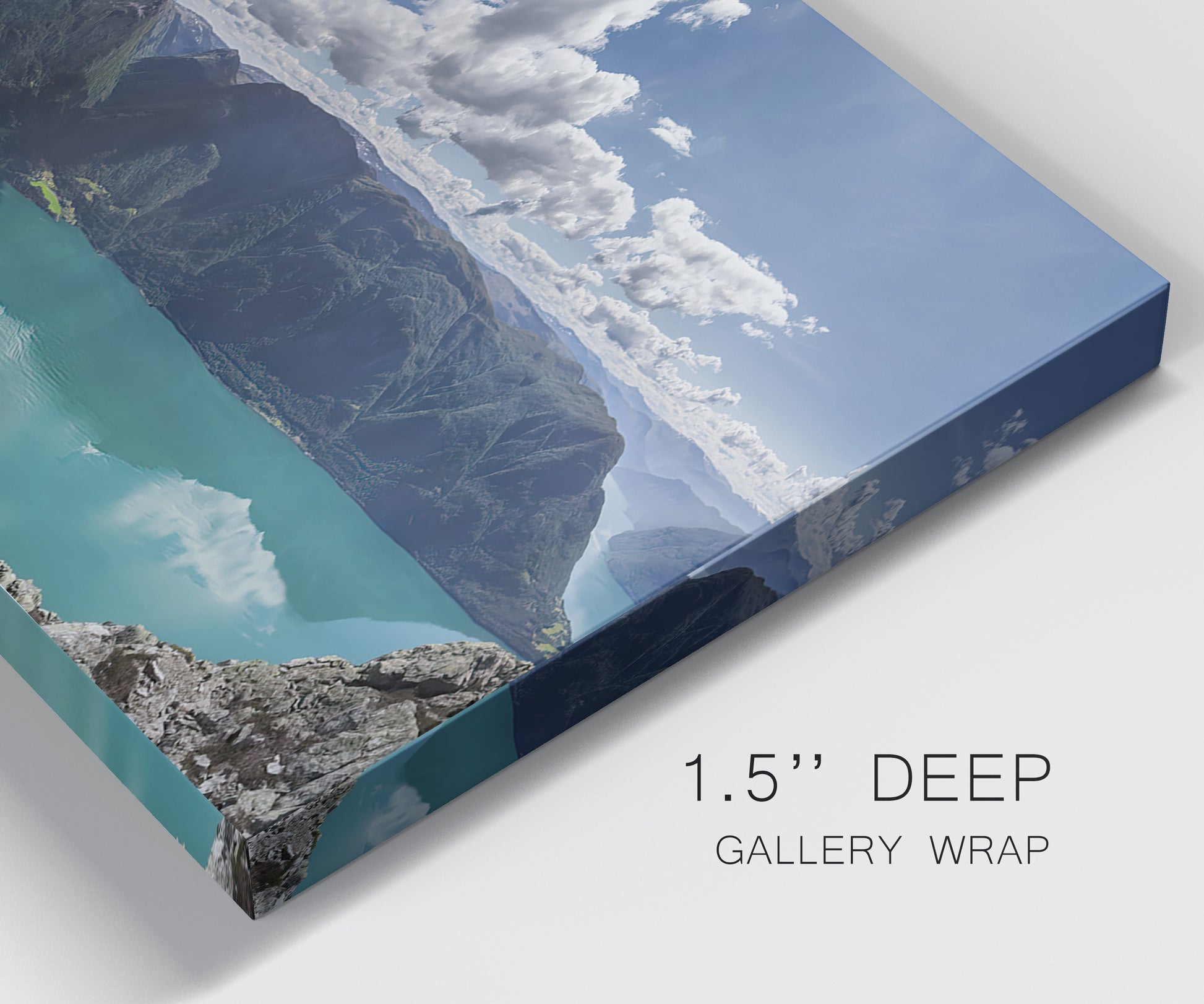Close-up view of wrapped canvas corner featuring tropical water reflections with foliage.
