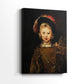 Side view of a canvas art print of a composed portrait with detailed fabric and subtle contrast, showing gallery-wrapped depth.