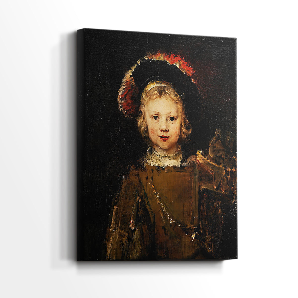 Side view of a canvas art print of a composed portrait with detailed fabric and subtle contrast, showing gallery-wrapped depth.