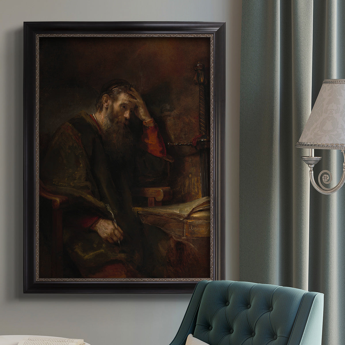 Classical religious portrait of Paul the Apostle by Rembrandt van Rijn in an {frame_style_descriptor} displayed in a neutral interior setting.
