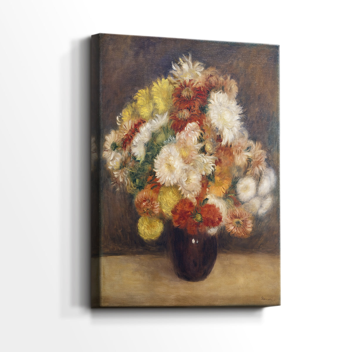 Side view of a canvas art print of a bouquet with rich tones and painterly detail, showing gallery-wrapped depth.
