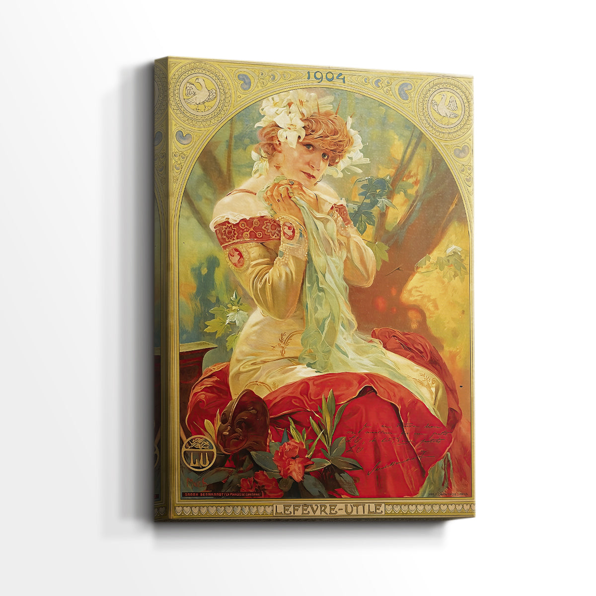 Side view of a canvas art print of a decorative figure framed by intricate patterns, showing gallery-wrapped depth.