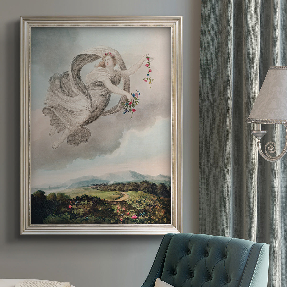 Classical allegorical depiction of the goddess Flora by Robert John Thornton in an {frame_style_descriptor} displayed in a neutral interior setting.