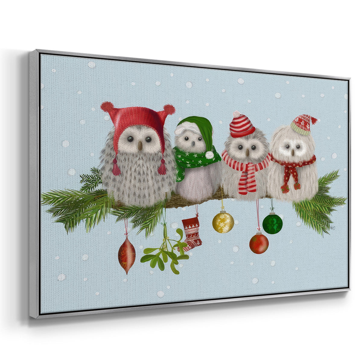 Christmas Fluffy Christmas Owls on Branch - Framed Gallery Wrapped Canvas in Floating Frame