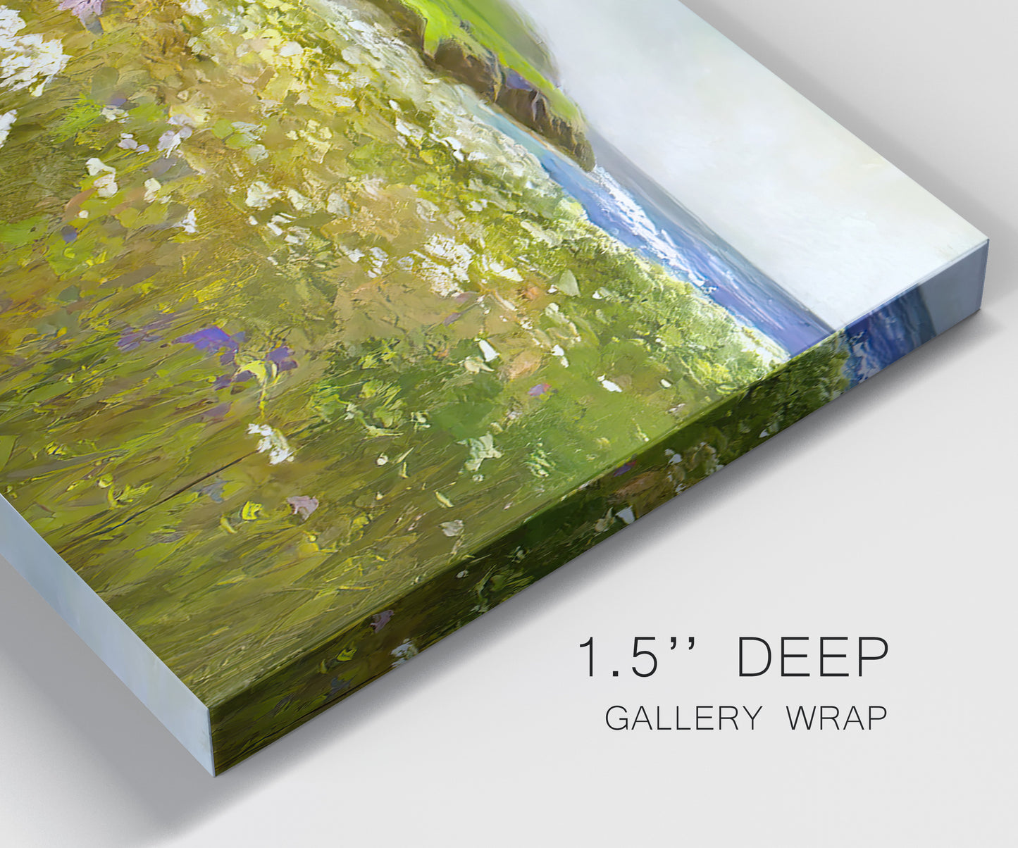 Close-up view of wrapped canvas corner featuring rugged coastal cliff landscape.