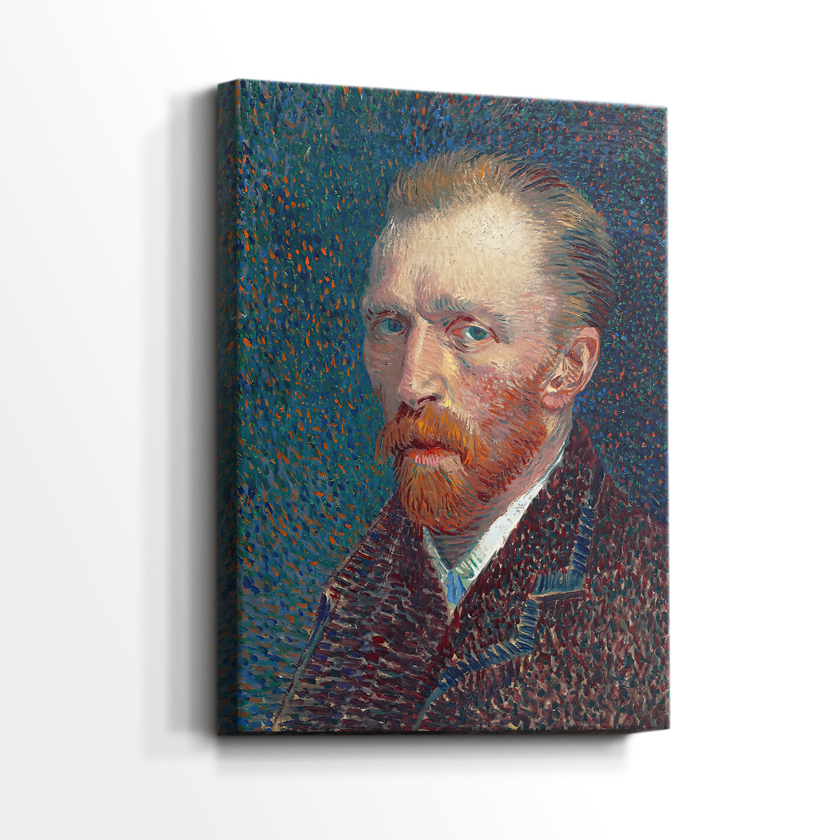Side view of a canvas art print of a stylized portrait with energetic lines and bold tones, showing gallery-wrapped depth.