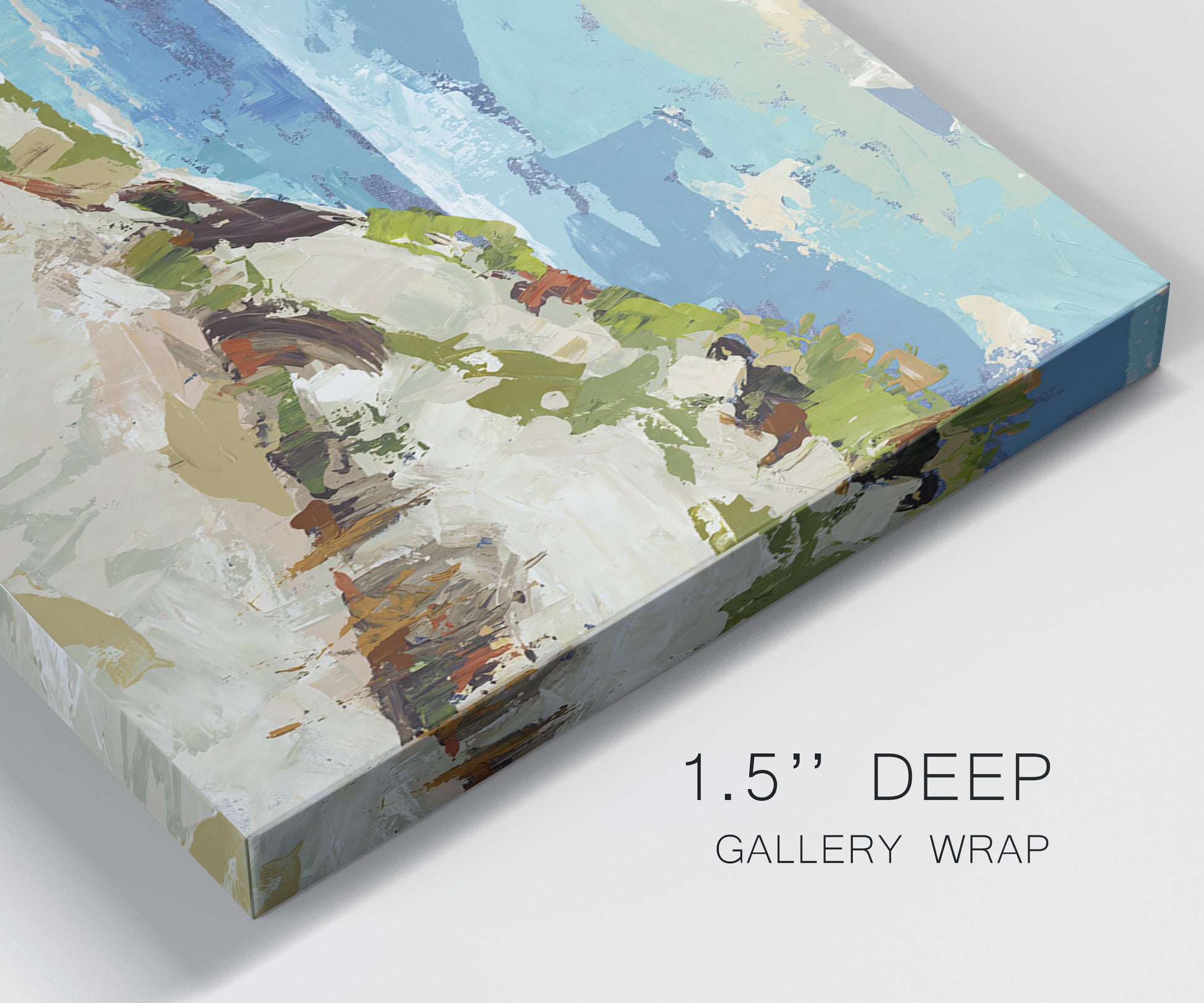 Close-up view of wrapped canvas corner featuring sand dunes beside open water.