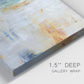 Close-up view of wrapped canvas corner featuring deep blue abstract grotto tones.