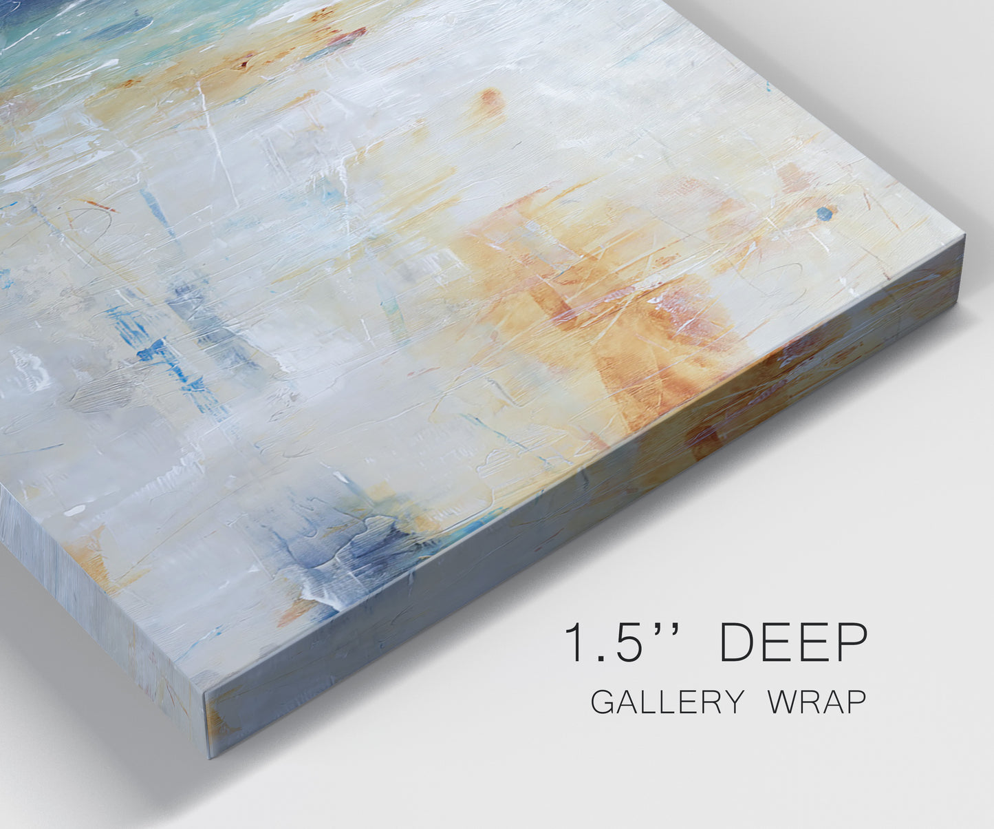 Close-up view of wrapped canvas corner featuring deep blue abstract grotto tones.