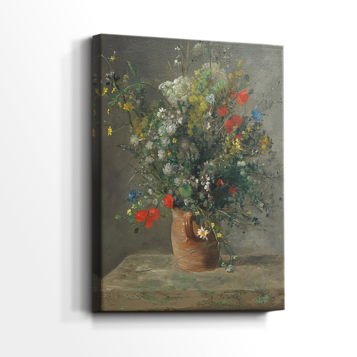 Side view of a canvas art print of a vibrant bouquet with layered petals and natural light, showing gallery-wrapped depth.