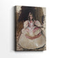 Side view of a canvas art print of a formal portrait with detailed fabric and gentle tones, showing gallery-wrapped depth.