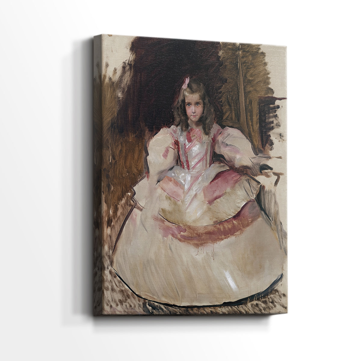 Side view of a canvas art print of a formal portrait with detailed fabric and gentle tones, showing gallery-wrapped depth.