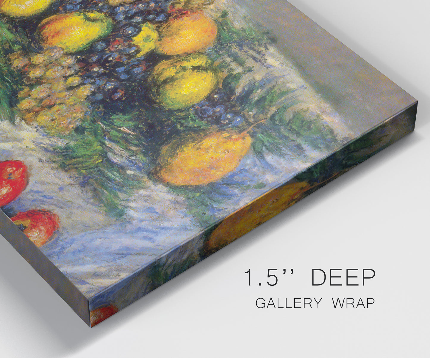 Close-up view of wrapped canvas corner featuring still life with pears and grapes.