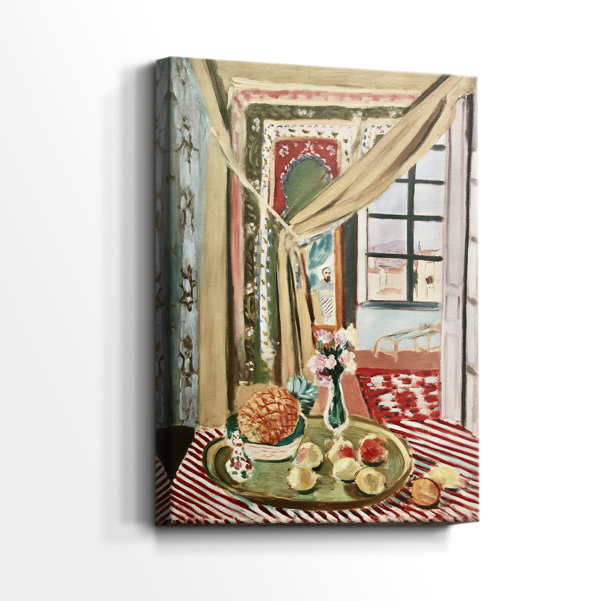 Side view of a canvas art print of a stylized still life with furniture and vibrant tones, showing gallery-wrapped depth.