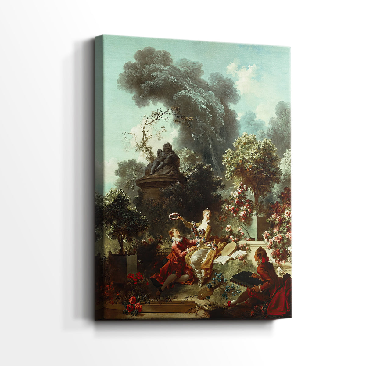 Side view of a canvas art print of a celebratory moment with gentle movement and pastel tones, showing gallery-wrapped depth.