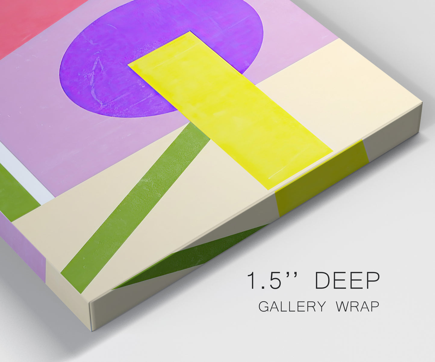 Close-up view of wrapped canvas corner featuring bold geometric color abstraction.