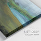 Close-up view of wrapped canvas corner featuring quiet contemplative landscape scene.