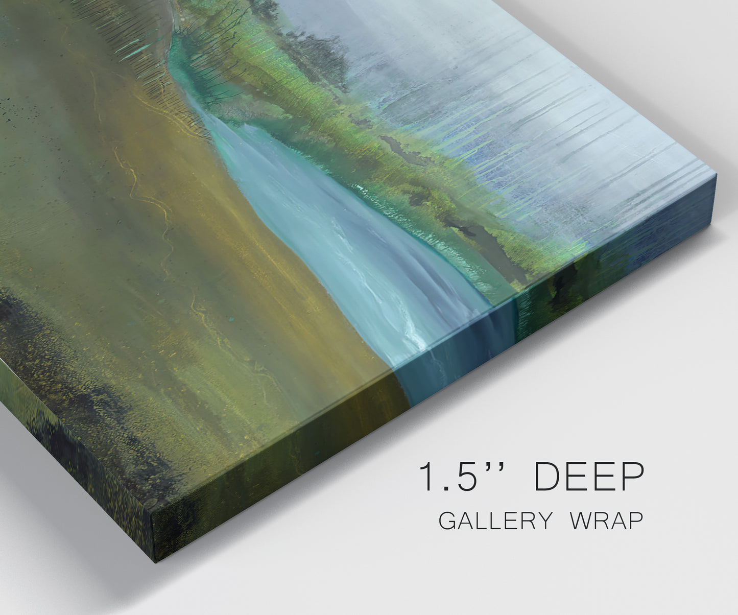 Close-up view of wrapped canvas corner featuring quiet contemplative landscape scene.