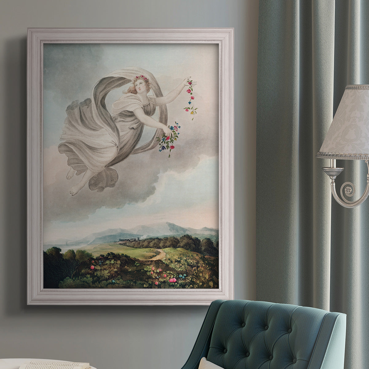 Classical allegorical depiction of the goddess Flora by Robert John Thornton in an {frame_style_descriptor} displayed in a neutral interior setting.