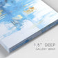 Close-up view of wrapped canvas corner featuring blue toned abstract city rhythm.