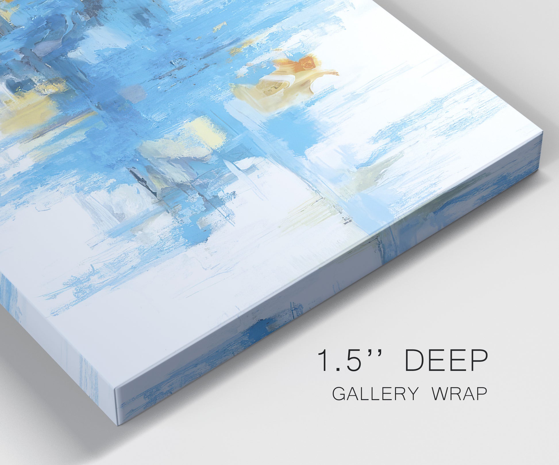 Close-up view of wrapped canvas corner featuring blue toned abstract city rhythm.