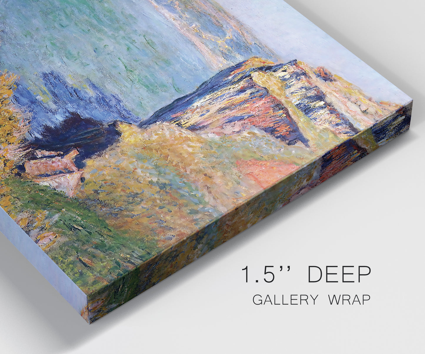 Close-up view of wrapped canvas corner featuring coastal village view near dieppe.