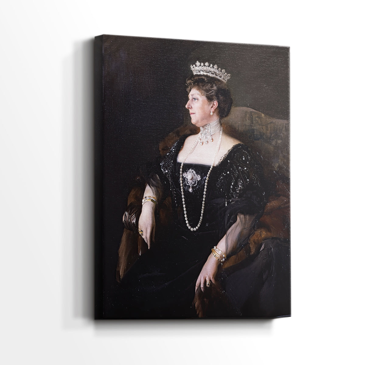 Side view of a canvas art print of a refined portrait with calm expression and soft highlights, showing gallery-wrapped depth.