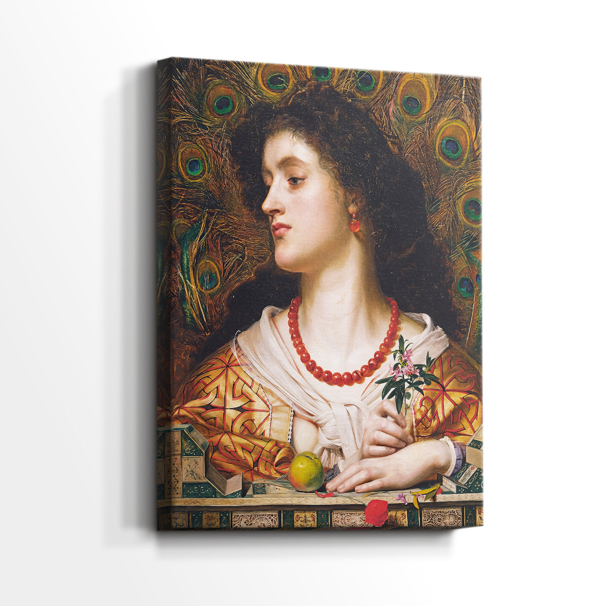 Side view of a canvas art print of a detailed portrait with intricate patterns and warm tones, showing gallery-wrapped depth.