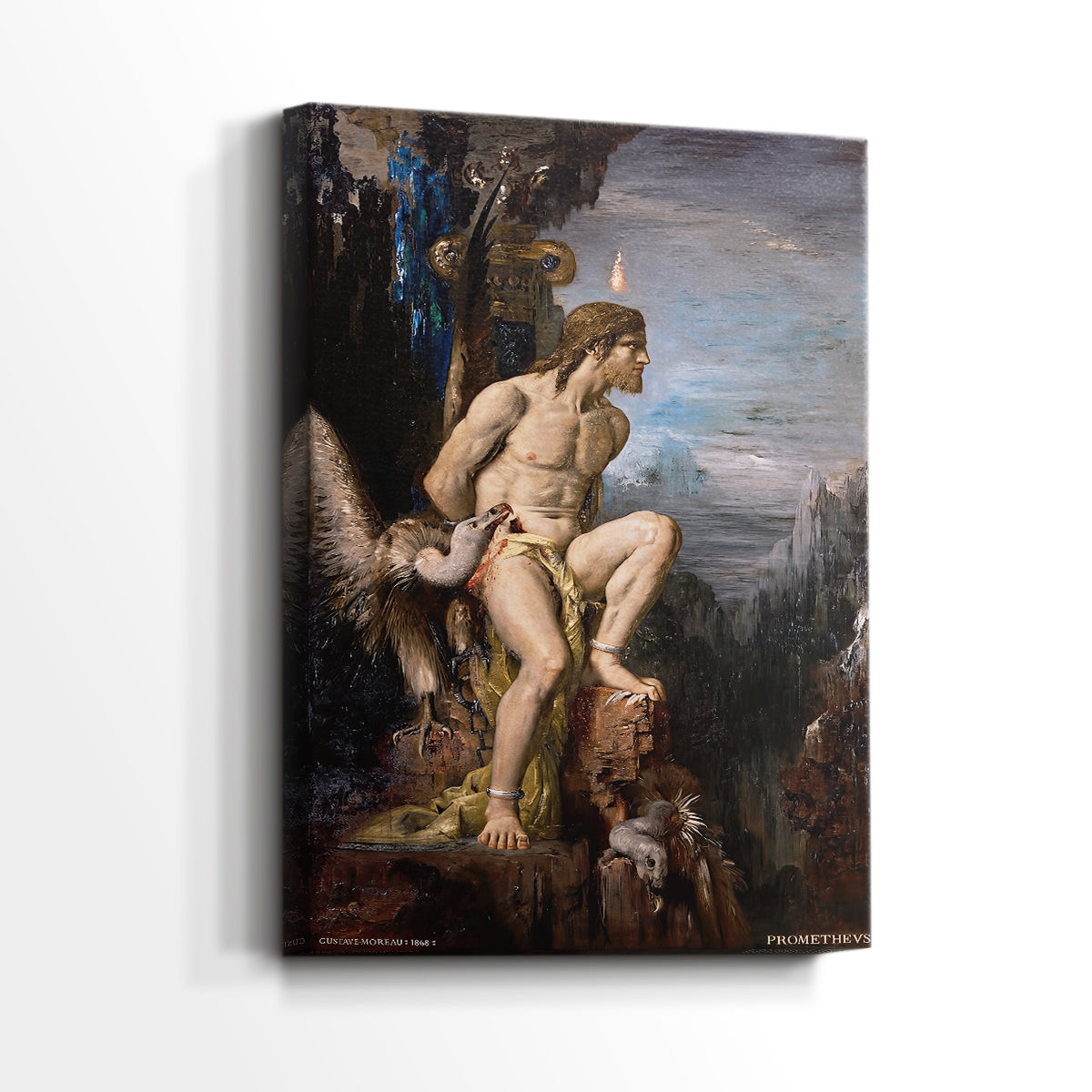Side view of a canvas art print of a powerful image with strong contrast and emotion, showing gallery-wrapped depth.