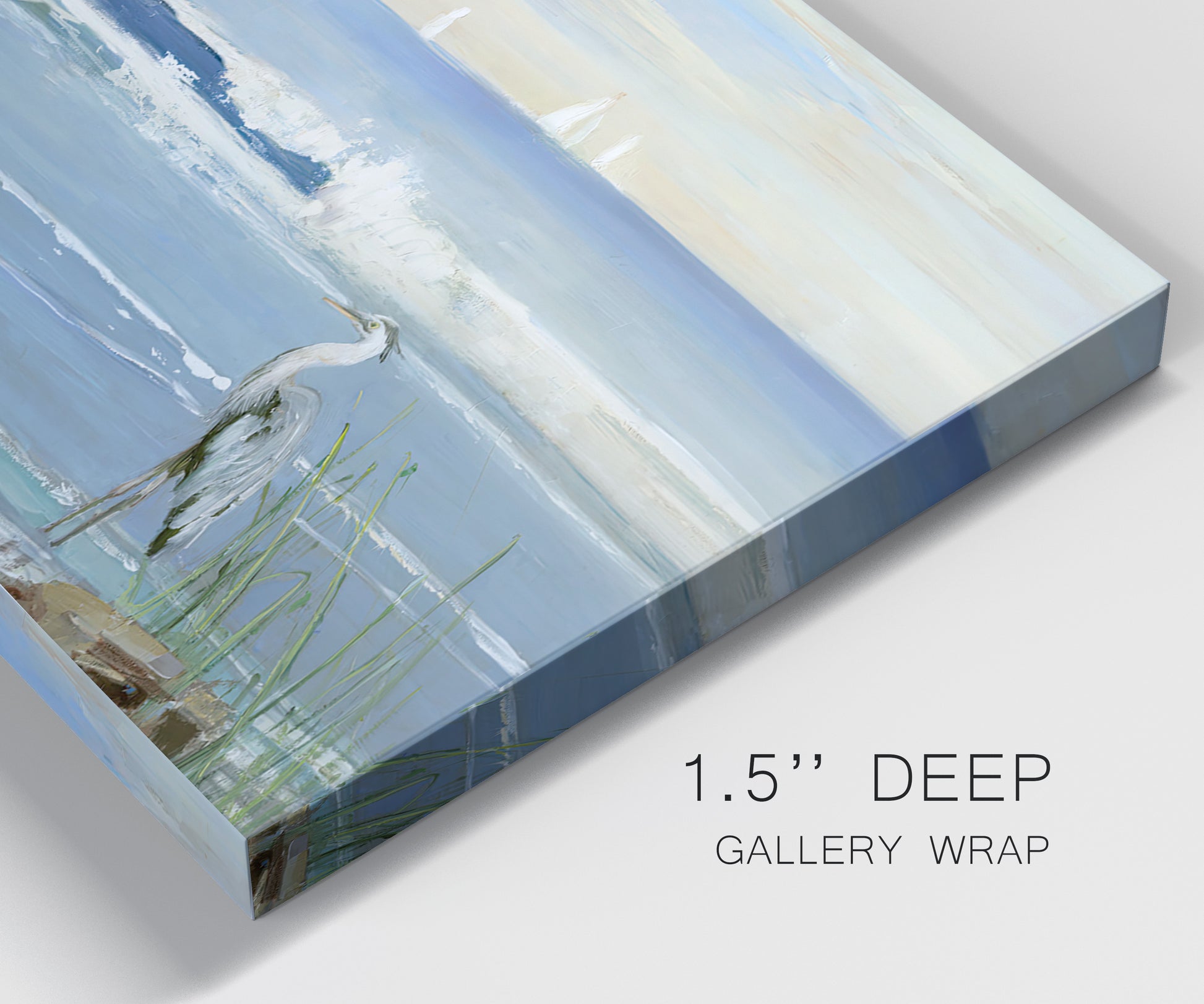 Close-up view of wrapped canvas corner featuring sunrise reflecting across bay waters.