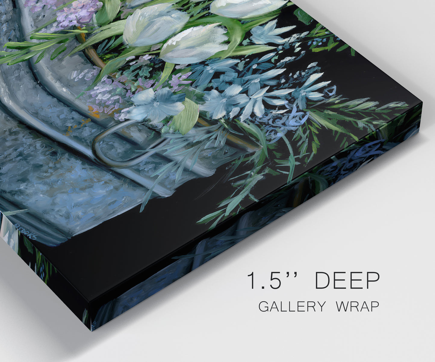 Close-up view of wrapped canvas corner featuring colorful wild tulips in bloom.