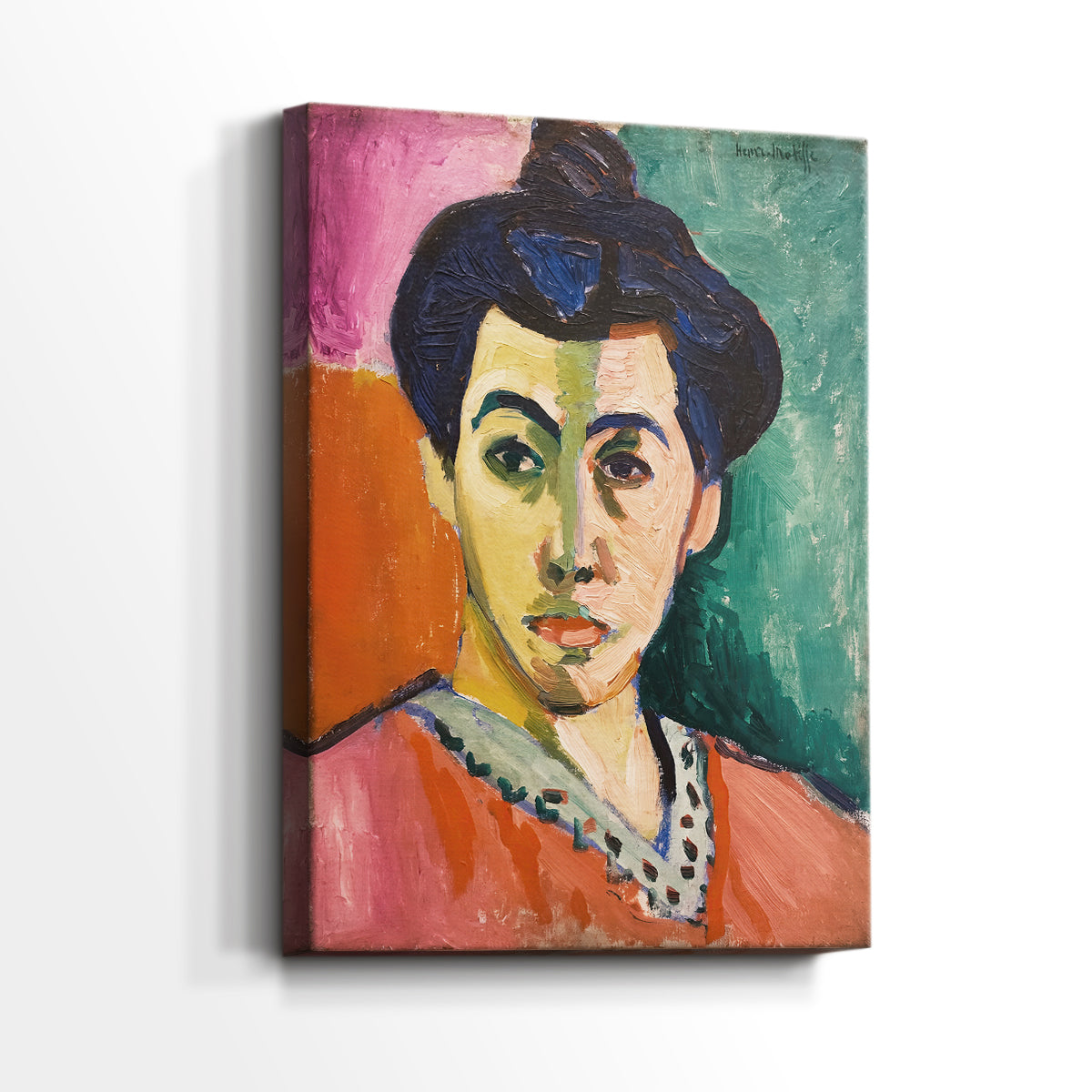 Side view of a canvas art print of a modern portrait with vivid tones and expressive brushwork, showing gallery-wrapped depth.